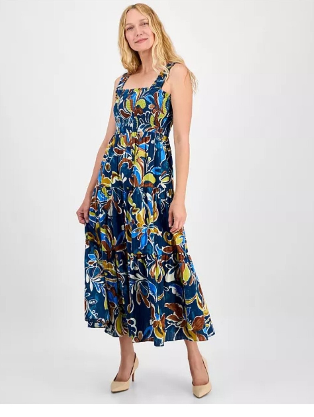NWT Anne Klein Dress S Blue Floral Smocked Tiered Maxi Sundress $149